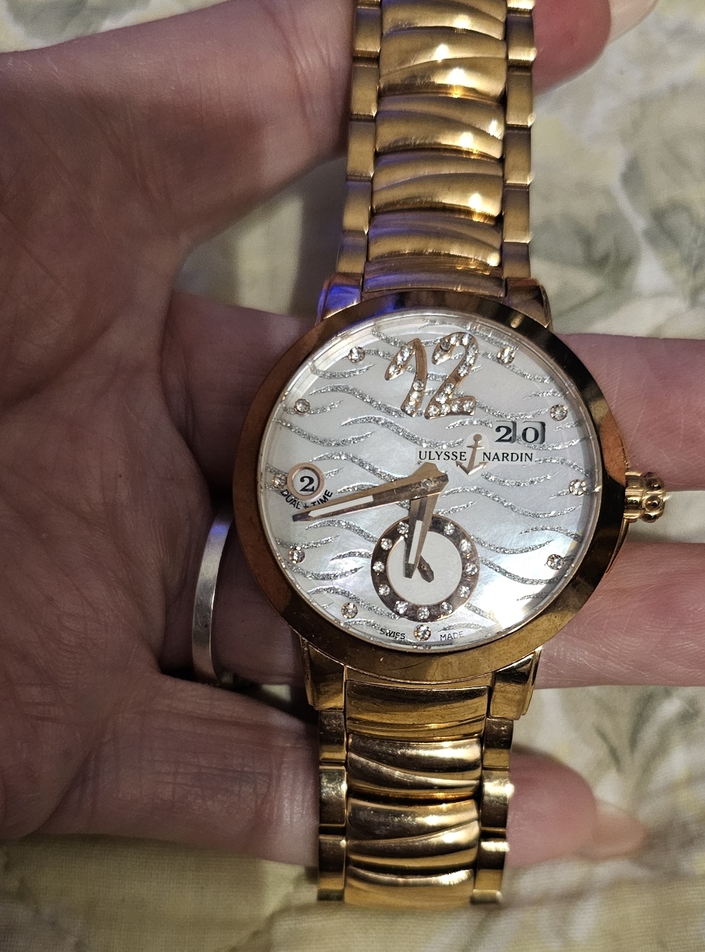 Replica Ulysse Nardin Gold Tone Watch with White Mother-of-Pearl Dial
